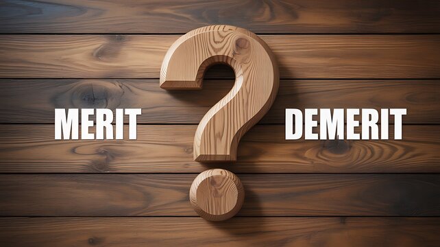 Merit versus demerit concept with question mark on wooden background for evaluation and decision making