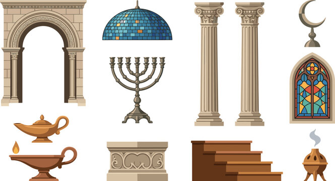 Ancient Temple Architecture and Sacred Religious Elements Icon Set with Stone Arch Columns Menorah Mosaic Dome Stained Glass Window and Oil Lamps Vector