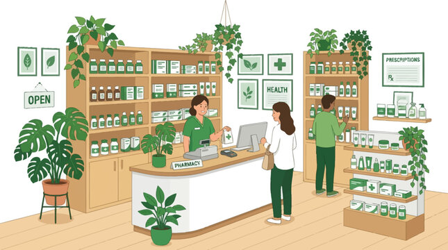 Modern Pharmacy Interior with Greenery, Staff and Customers
