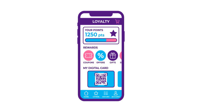 Mobile loyalty app screen showing points, rewards, and QR code for digital card.