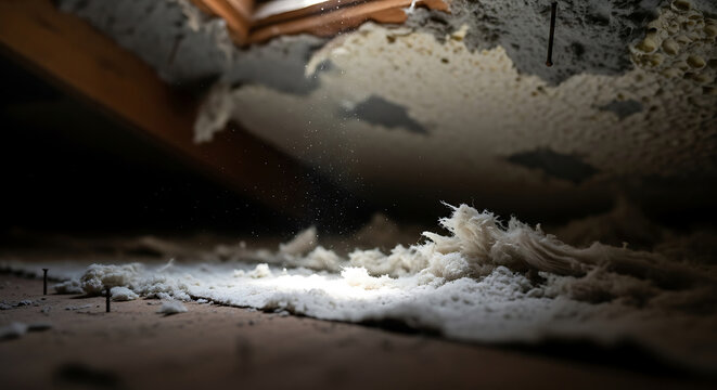 Dangerous Airborne Asbestos Fibers Floating in a Dark Attic During Home Renovation Hazardous Friable Asbestos Insulation Material Requiring Professional Abatement