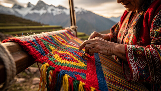 Close-up of hands weaving traditional Peruvian textile on wooden loom with Andes mountain landscape.
