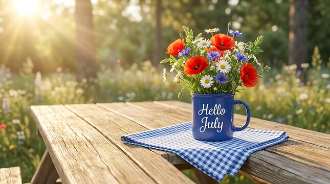 Blue mug filled with colorful wildflowers including poppies and daisies sitting on blue gingham napkin on outdoor wooden table at sunrise meadow background view.
