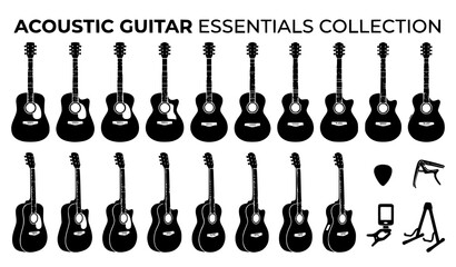 Naklejka premium Classic Acoustic Guitar Front and Side Angle Icon Essentials Vector Set