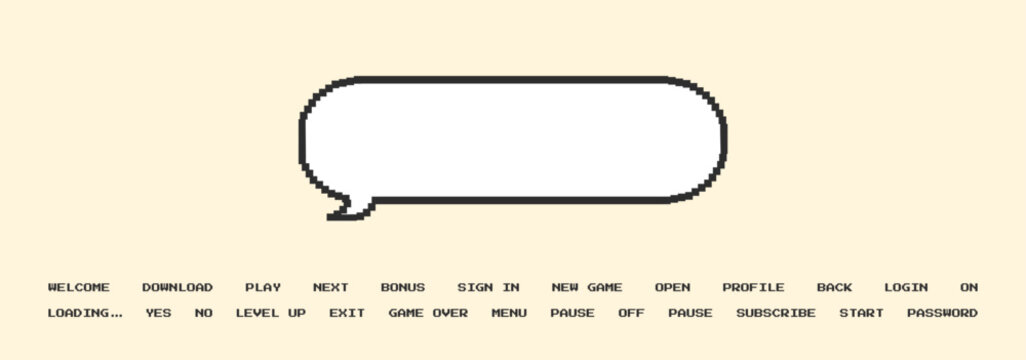 Empty dialogue box with different text or message bubble. Y2k style collection. Retro pixelated frame for 8 bit game style.