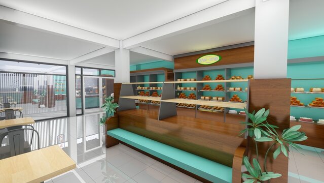 The interior of the bakery is turquoise green.