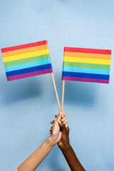 Two hands holding rainbow flags against a light blue background.