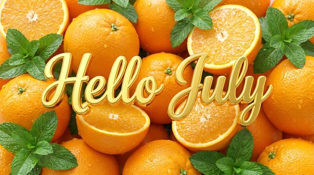 Golden hello july text overlay on fresh oranges and mint leaves summer concept juicy citrus fruits and herbs backdrop vibrant seasonal holiday greeting.