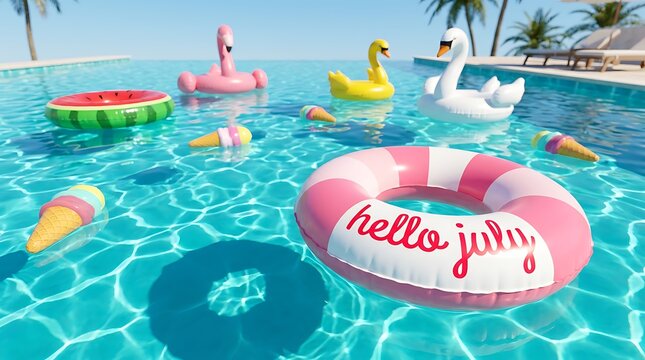 Hello july text on pink float in swimming pool with inflatable toys and ice cream cones summer vacation fun pool party concept vibrant blue water tropical leisure.