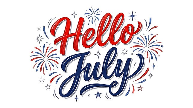 Hello July lettering with red and blue colors and fireworks, stars and dots on white background, festive 4th of july design.