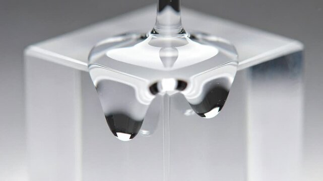 Macro close-up of clear viscous liquid pouring and flowing over a transparent crystal cube