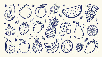 Collection of diverse handdrawn fruit illustrations in a charming doodle style with a cream background