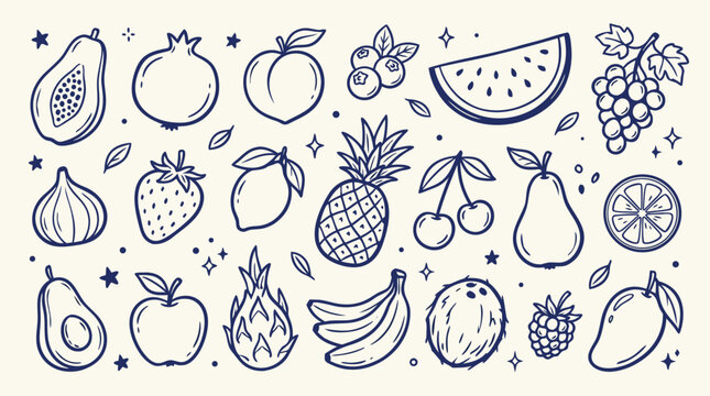 Collection of diverse handdrawn fruit illustrations in a charming doodle style with a cream background