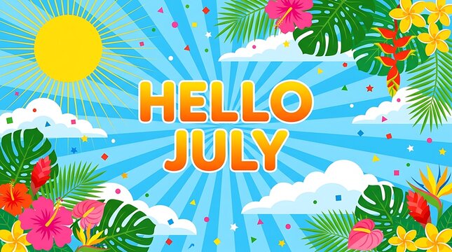 Vibrant summer scene with hello july text, sun shining, tropical flowers and leaves, bright blue sky with sunburst effect, festive party invitation.