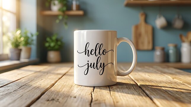 White mug with hello july text, cozy kitchen interior, warm sunlight streaming through window creating a peaceful and inviting atmosphere for morning coffee or tea.