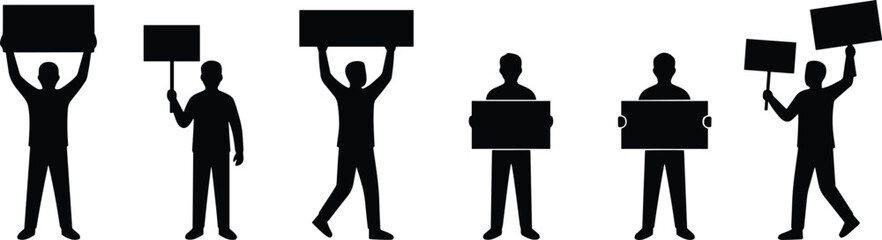 Fototapeta premium Protest Demonstration Silhouettes Holding Blank Signs and Banners Isolated Human Figures Vector Illustration Set