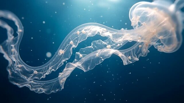 Elegant transparent jellyfish swimming in the deep blue ocean with floating particles