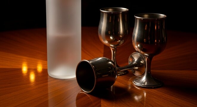 Two wine glasses and a jigger on a wooden table