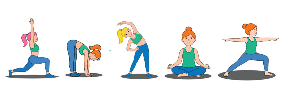 Women practicing yoga poses and stretching exercises flat vector illustration set