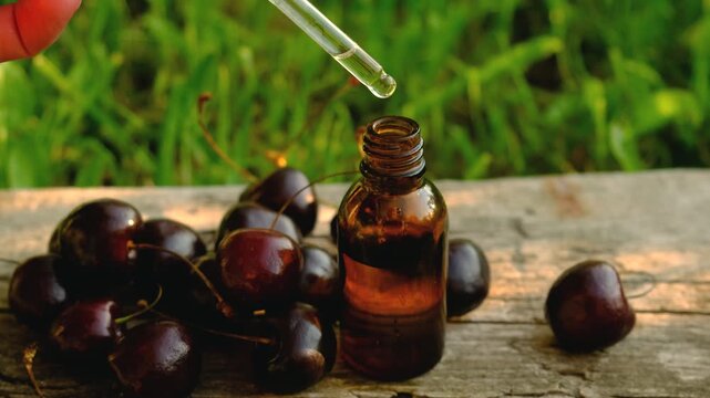 Cherry extract in supplements. Selective focus.