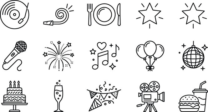 Party and Celebration Line Icon Set Featuring Vinyl Microphone Fireworks Balloon Cake Champagne Cinema And Food Symbols