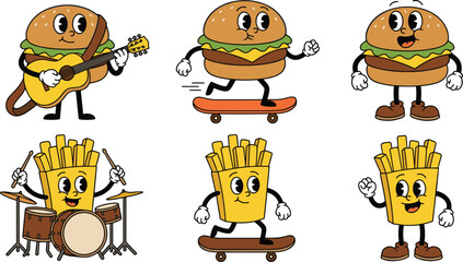 Retro Groovy Burger and Fries Character Set Featuring Funny Cartoon Fast Food Mascots Playing Music and Skateboarding © Lipi