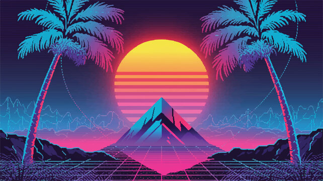 Vibrant retro-futuristic digital art illustration capturing a neon-infused landscape with a glowing horizon, stylized mountain peak, and prominent palm trees, set against a grid background
