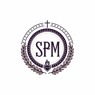 Sacred Heart Emblem with SPM Initials and Laurel Wreath.