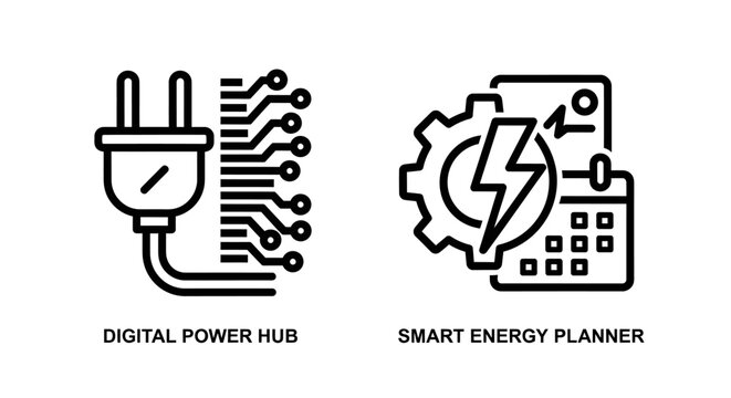 Digital power hub and smart energy planner icons with technology, electricity