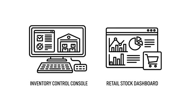 Inventory control console and retail stock dashboard icons with e commerce