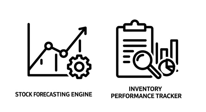Stock forecasting and inventory performance tracking icons with forecasting