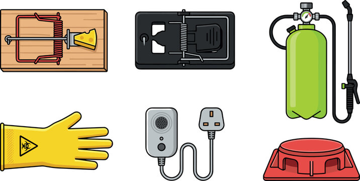 Pest Control Equipment Icon Set with Wooden Mousetrap Cheese Chemical Sprayer Biohazard Glove Ultrasonic Repeller and Bait Station Vector Illustration Collection