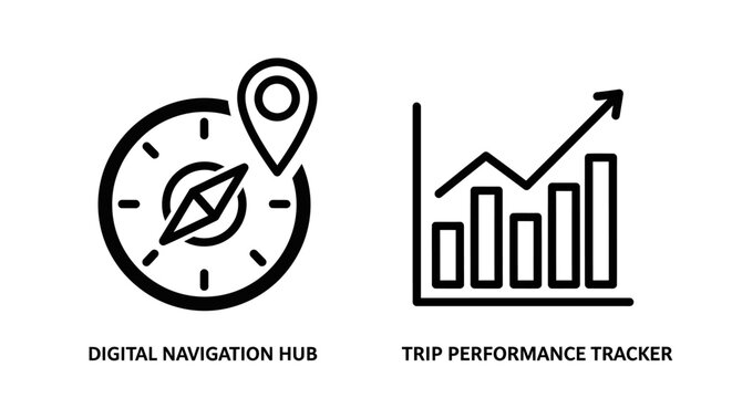 Digital navigation hub and trip performance tracker data icons with navigation