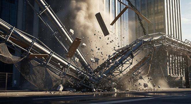 Dramatic scene of a major scaffolding accident and structural collapse at a highrise construction site with falling debris dust clouds and metal pipes in the air