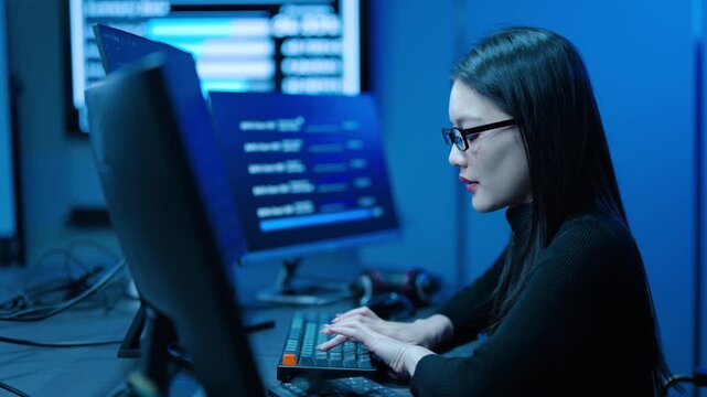 Focused Asian female programmer typing code on multiple monitors in a dark blue high-tech room. A software developer working late on a cybersecurity data analysis project for digital technology.