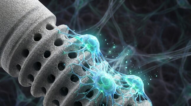 Macroscopic view of a bone implant with biological cells and neural connections
