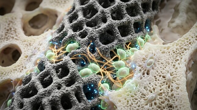 Microscopic view of cellular structures interacting with porous bone matrix with glowing particles