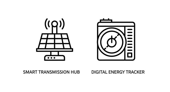 Smart transmission hub and digital energy tracker icons with two line art