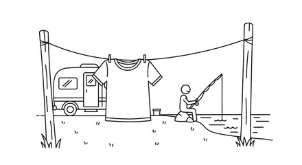 Fototapeta premium Leisurely Camping and Fishing Scene with RV and Clothesline Line Art