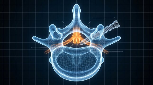 3D medical illustration of a spinal vertebra with a surgical screw implant