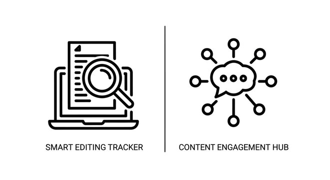 Smart tracking icon and content engagement hub icon with tracking, magnifying