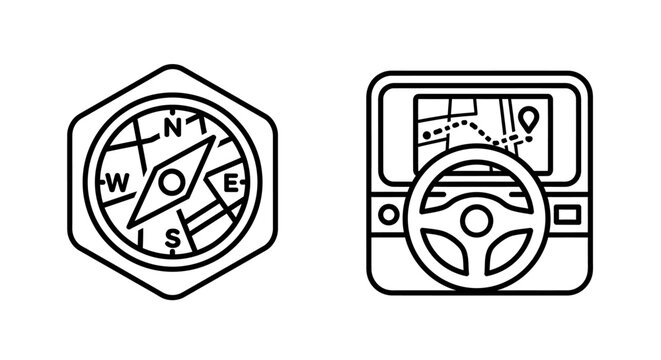 Compass and car navigation system icons with navigation direction orientation