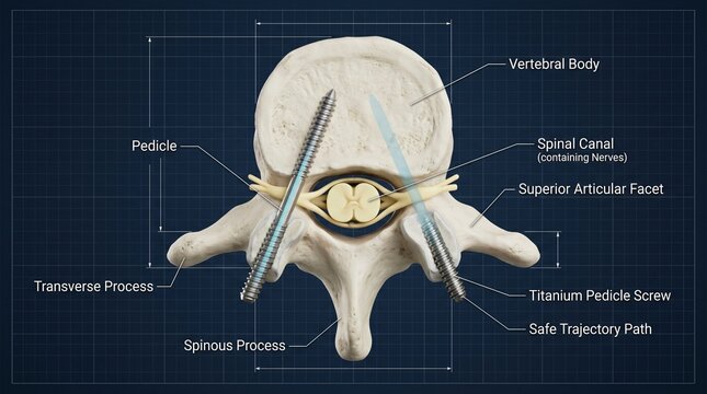 Anatomical illustration of a human vertebra with titanium pedicle screws spinal canal and nerves