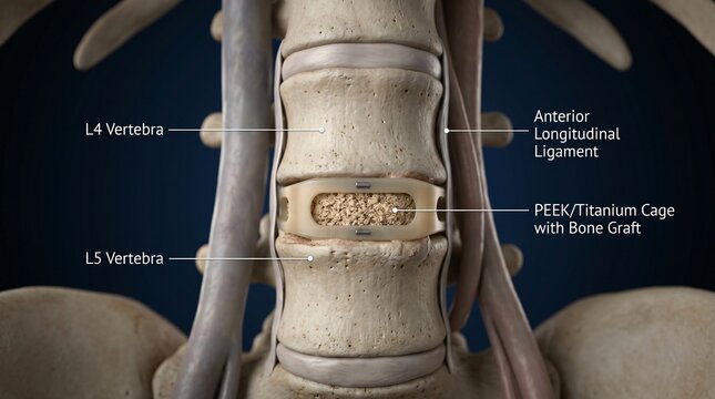 Close up illustration of human L4 and L5 vertebrae with a PEEK Titanium cage and bone graft implant