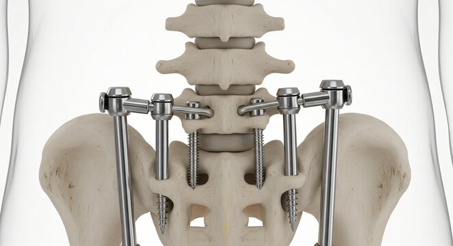 Detailed 3D render of surgical spinal fusion with metal rods and screws on lumbar vertebrae
