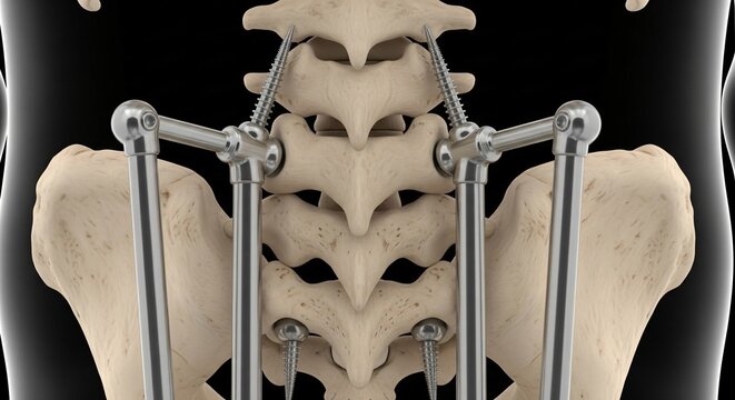 Lumbar spine fused with metal rods and screws medical illustration detailed view