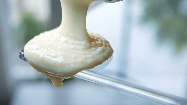 Close-up of thick creamy liquid pouring and spreading over a glass surface