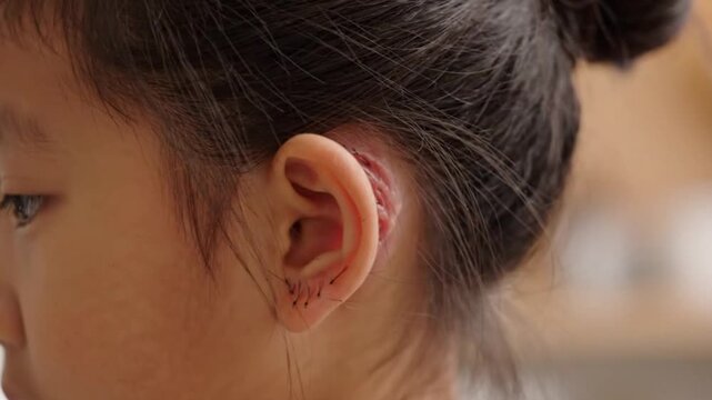 Closeup of a parent checking the surgical incision site behind a childs ear after an otoplasty or ear surgery
