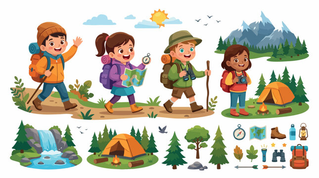 Cartoon children hiking and camping vector set, happy kids scouts exploring nature with backpacks and maps, outdoor adventure elements isolated PNG with Transparent Background