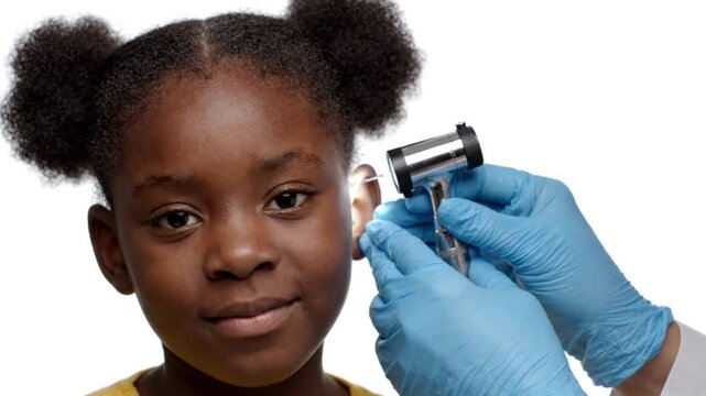 A doctor examining a young girls ear with an otoscope isolated on white background